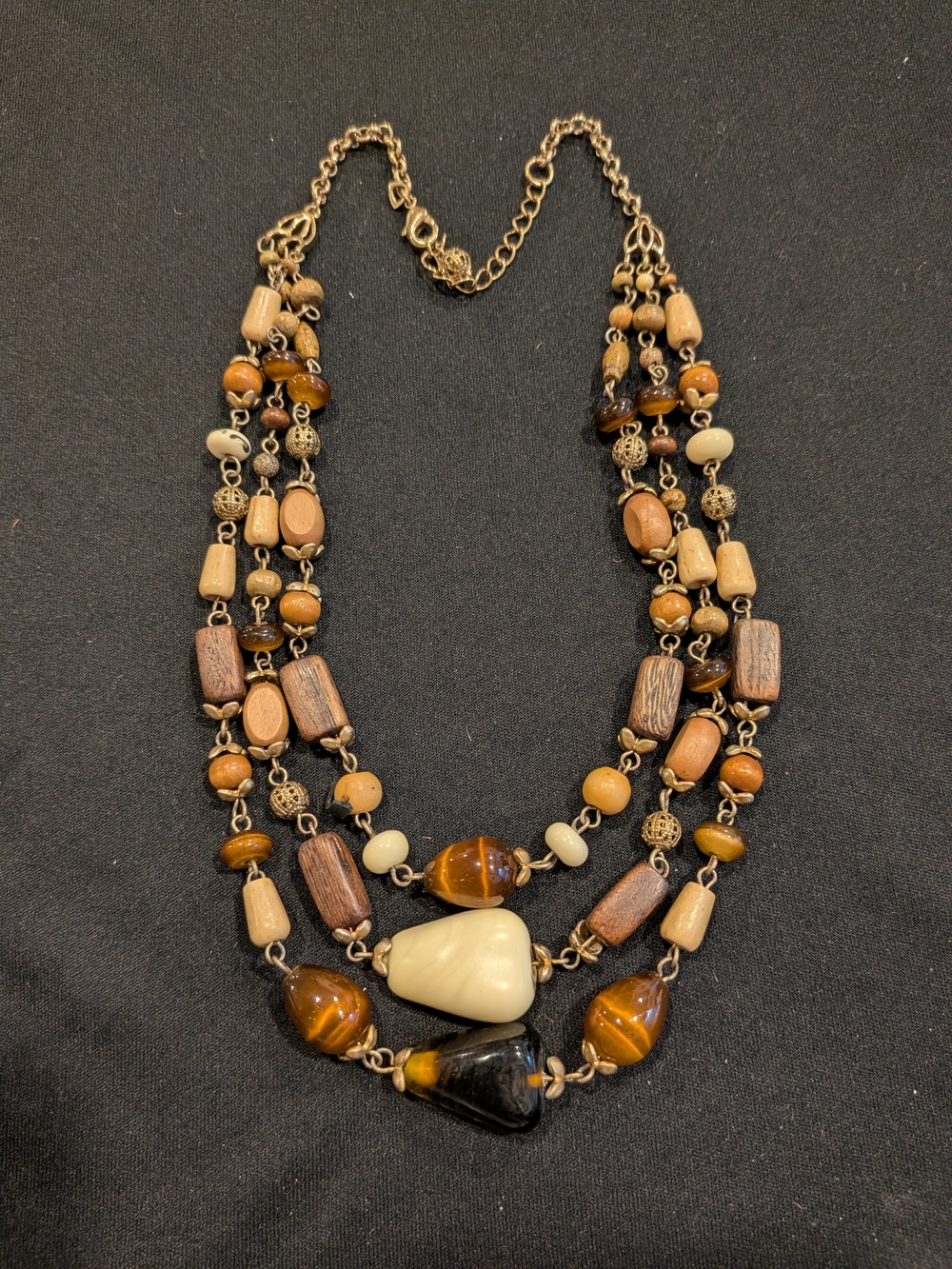 Vintage From 2007s Multi-Strand Brown & Cream Beaded Statement Necklace 9.5"